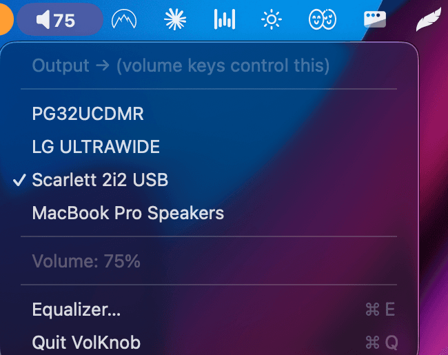 VolKnob menu-bar output switcher with the Scarlett 2i2 selected and a fixed-width volume readout